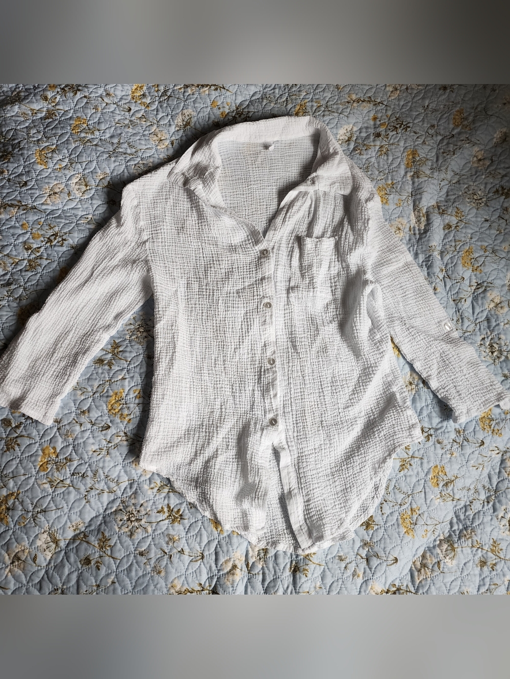 Tahiti Lightweight White Gauze Button-Up Shirt Swim Coverup Beach Vacation